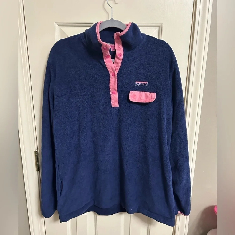 Simply Southern Navy Hot Pink Simply Snap Fleece Pullover XL - Picture 2 of 5